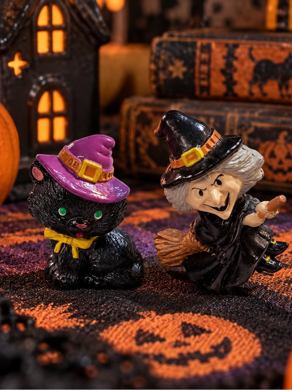 VTG Russ Berrie Witch on Broom Black Cat Miniature Mini Halloween PVC Figures